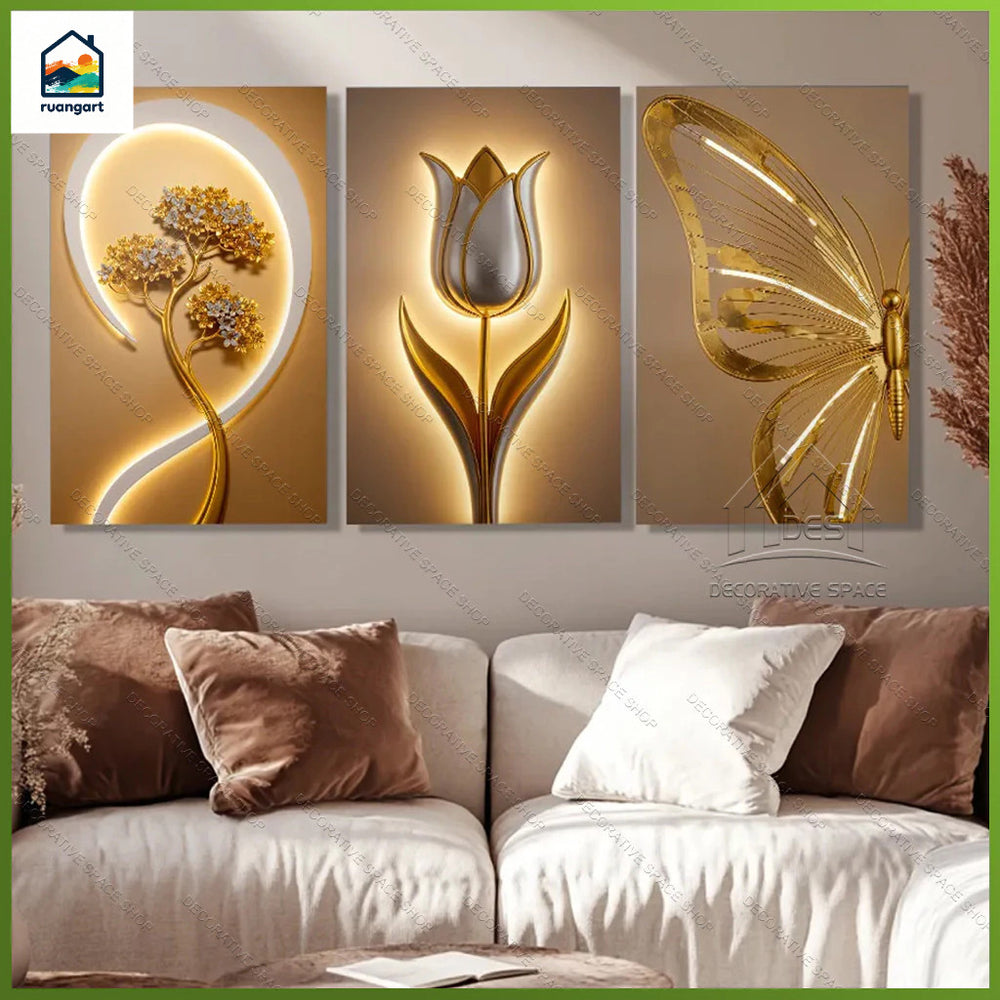 Gintong Floral na Dekorasyon sa Pader, 3-Pirasong Modernong Luho na Dekorasyon sa Sala, Maswerteng Gintong Bulaklak na Painting