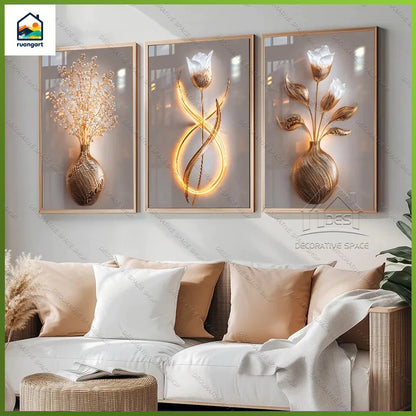 Gold Floral Wall Art Decoration 3-Pcs Modern Luxury Living Room Decor Lucky Golden Flower Painting