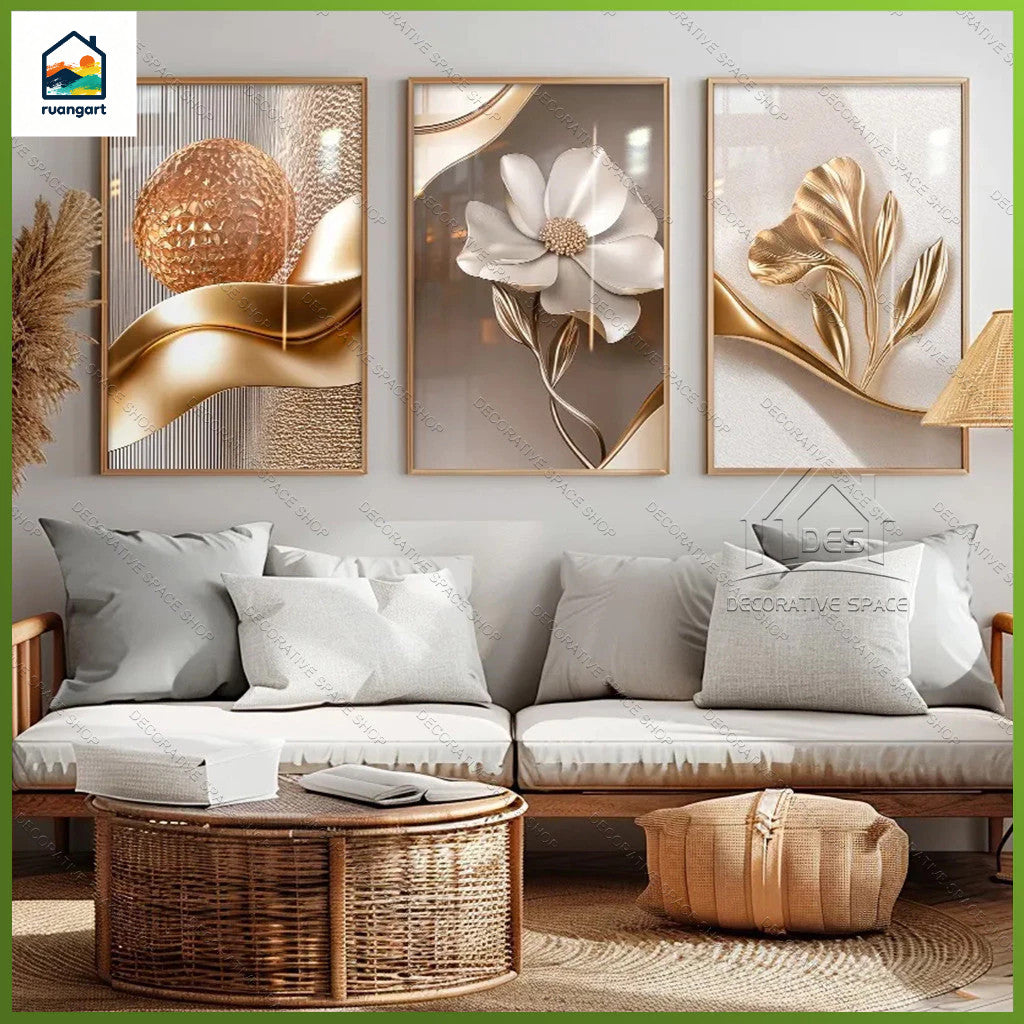 Gold Floral Wall Art Decoration 3-Pcs Modern Luxury Living Room Decor Lucky Golden Flower Painting