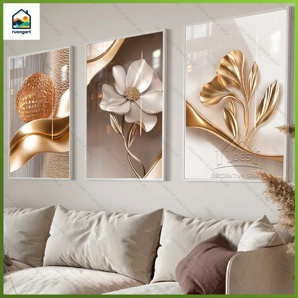 Gold Floral Wall Art Decoration 3-Pcs Modern Luxury Living Room Decor Lucky Golden Flower Painting