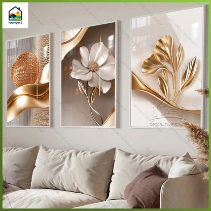 Gold Floral Wall Art Decoration 3-Pcs Modern Luxury Living Room Decor Lucky Golden Flower Painting