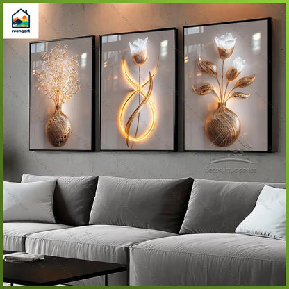 Gold Floral Wall Art Decoration 3-Pcs Modern Luxury Living Room Decor Lucky Golden Flower Painting