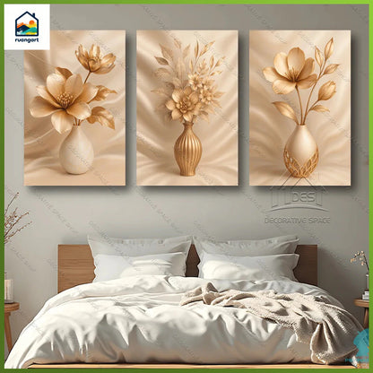 Gold Floral Wall Art Decoration 3-Pcs Modern Luxury Living Room Decor Lucky Golden Flower Painting