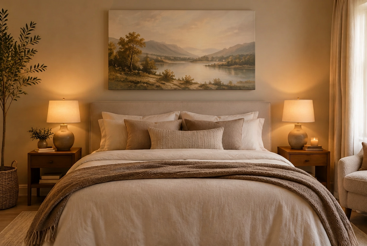 Isang framed na landscape wall art na nakasabit sa ibabaw ng kama sa isang mainit ang liwanag at neutral ang kulay ng master bedroom