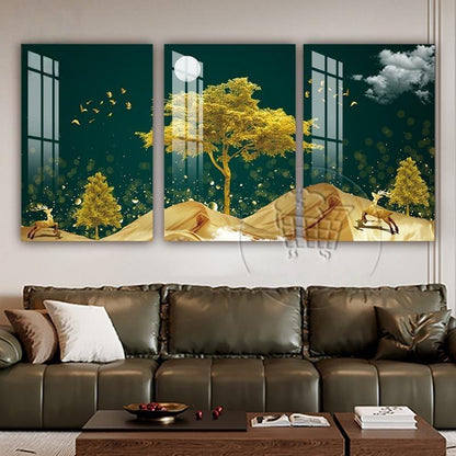 3pcs Golden Money Tree Wall Frame Decoration Wealth Tree Living Room Decoration Painting