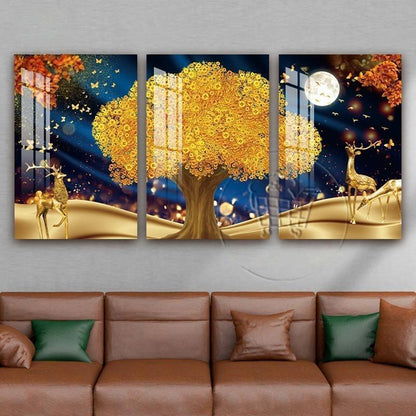 3pcs Golden Money Tree Wall Frame Decoration Wealth Tree Living Room Decoration Painting