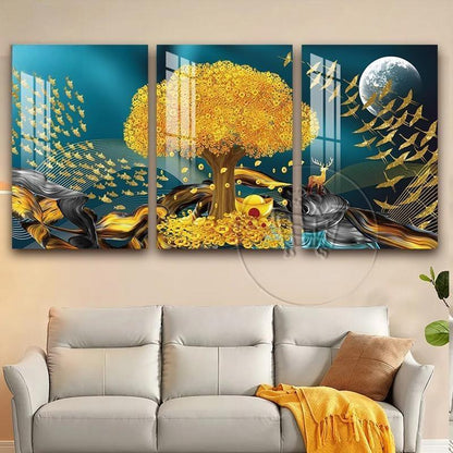 3pcs Golden Money Tree Wall Frame Decoration Wealth Tree Living Room Decoration Painting
