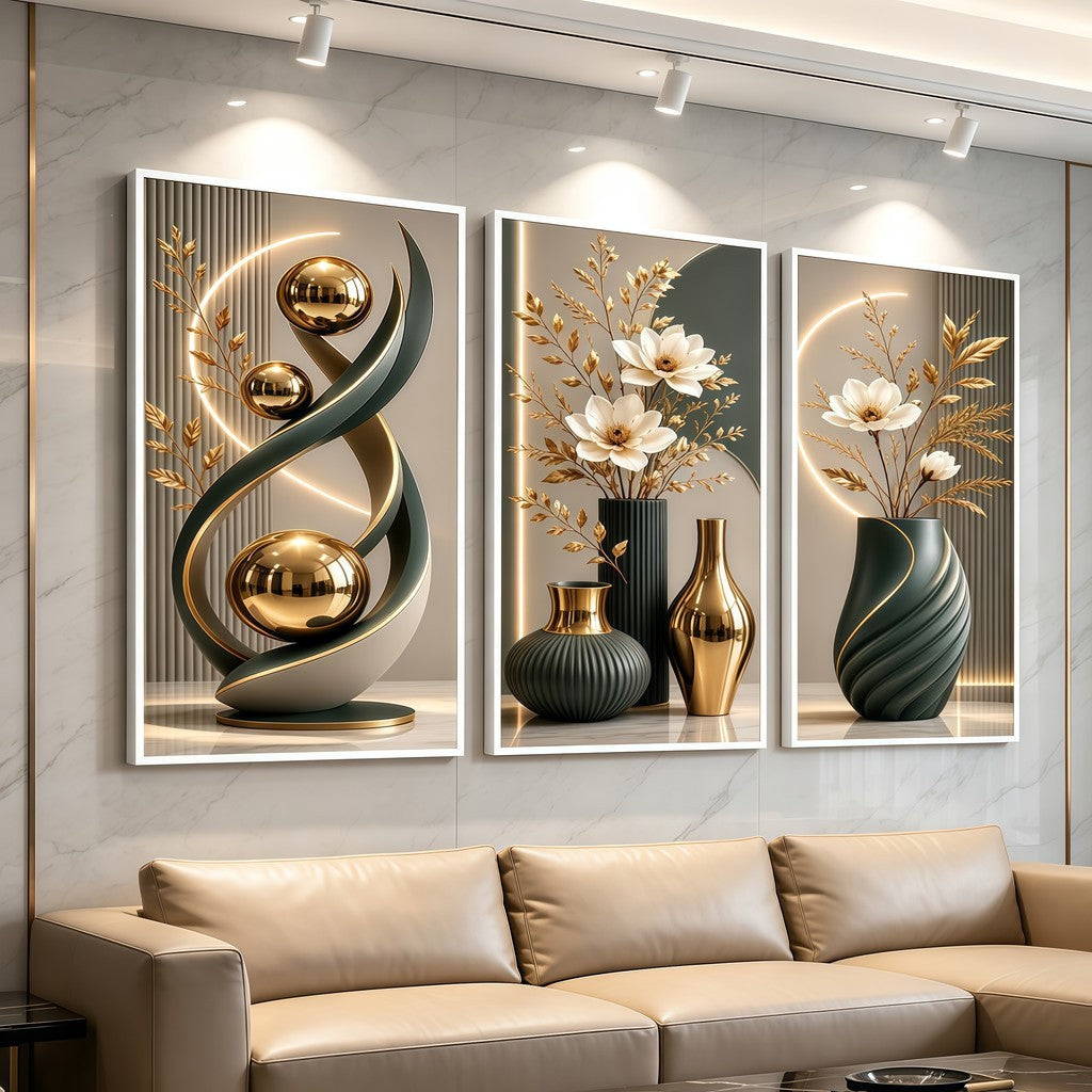 Elegant Floral Crystal Wall Art Set (3 Pcs) - Luxury Unframed Design