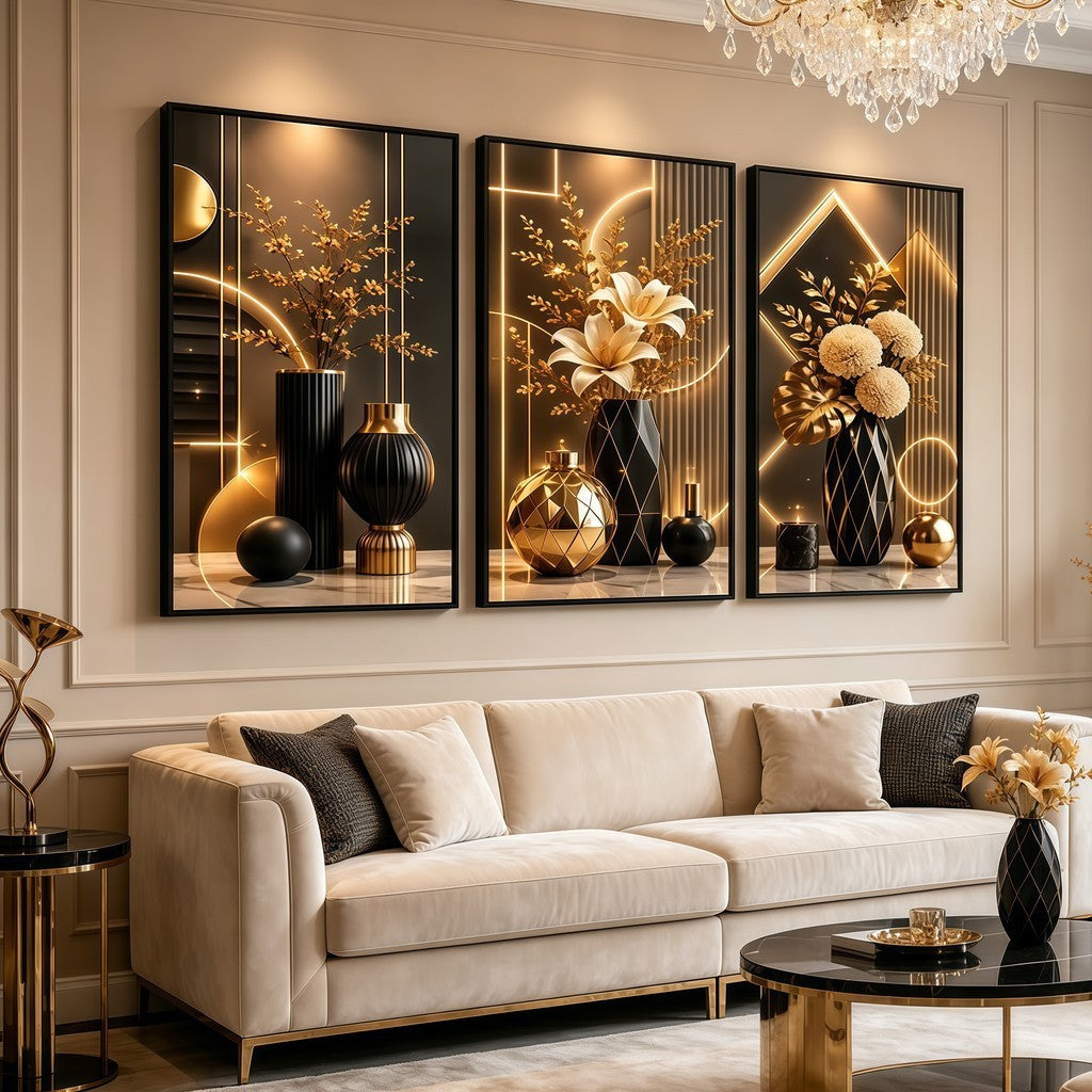 Elegant Floral Crystal Wall Art Set (3 Pcs) - Luxury Unframed Design