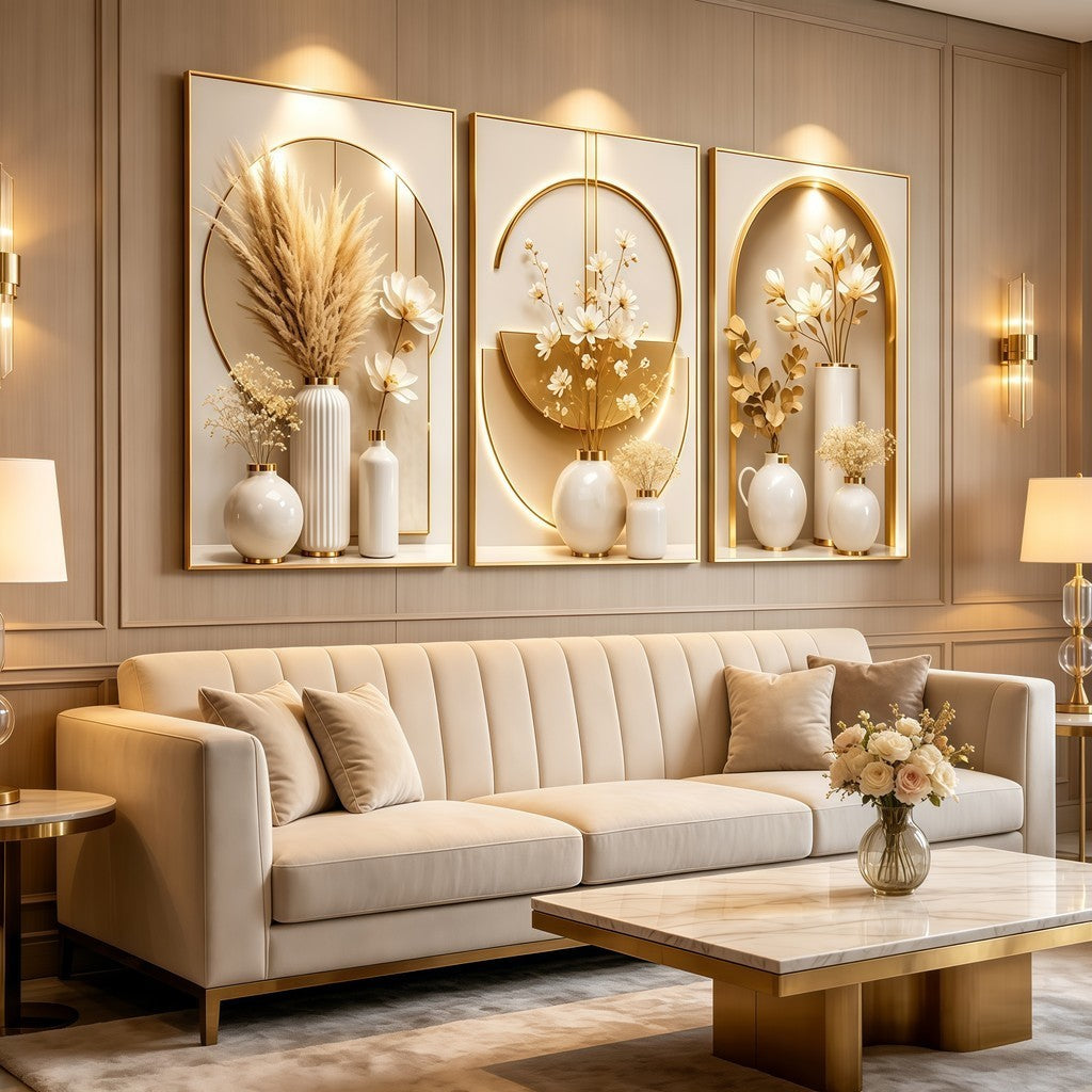 Elegant Floral Crystal Wall Art Set (3 Pcs) - Luxury Unframed Design