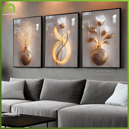 Gold Floral Wall Art Decoration 3-Pcs Modern Luxury Living Room Decor Lucky Golden Flower Painting
