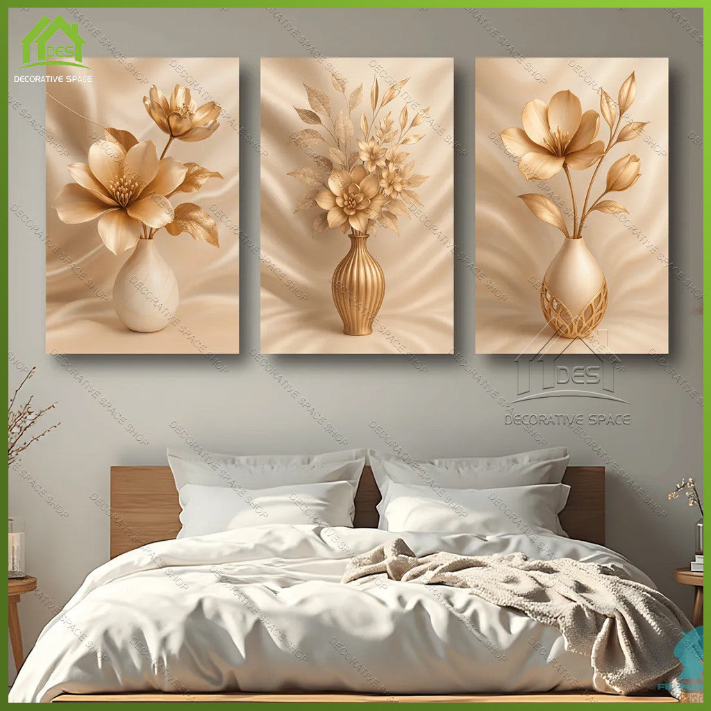 Gold Floral Wall Art Decoration 3-Pcs Modern Luxury Living Room Decor Lucky Golden Flower Painting