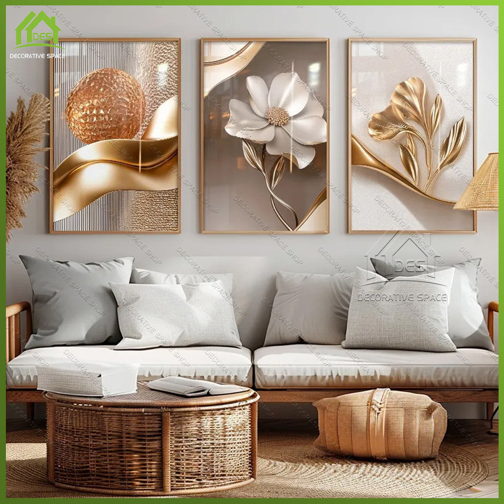 Gold Floral Wall Art Decoration 3-Pcs Modern Luxury Living Room Decor Lucky Golden Flower Painting