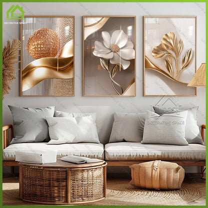 Gold Floral Wall Art Decoration 3-Pcs Modern Luxury Living Room Decor Lucky Golden Flower Painting