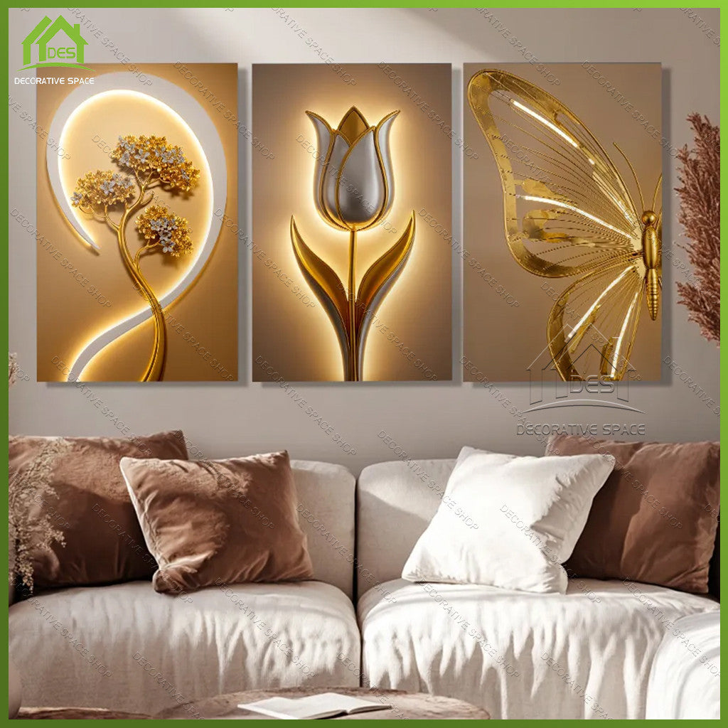 Gold Floral Wall Art Decoration 3-Pcs Modern Luxury Living Room Decor Lucky Golden Flower Painting